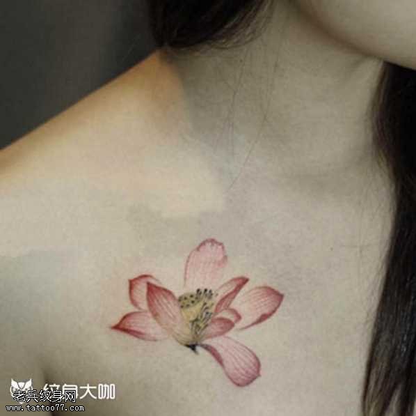 胸部粉莲花纹身图案