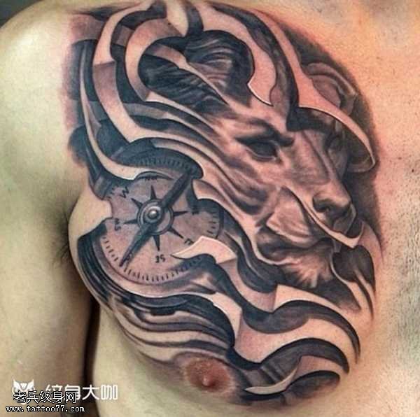 胸部狮子闹钟纹身图案