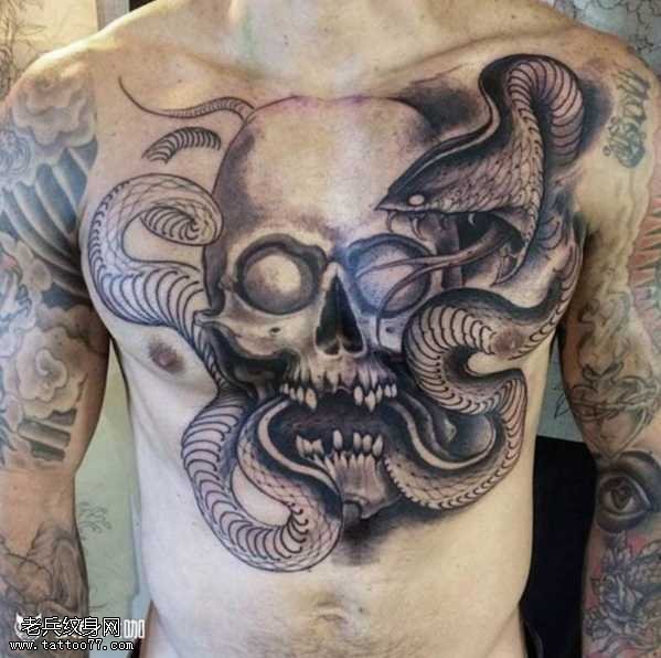 胸部骷髅蛇纹身图案