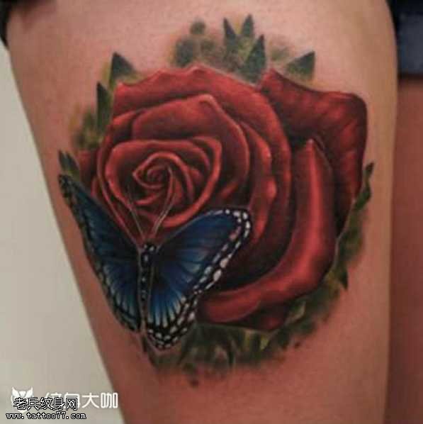 腿部玫瑰纹身图案