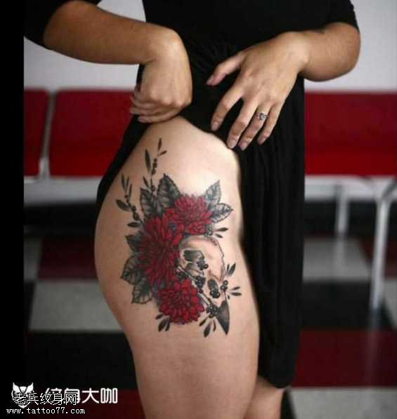 腿部花骷髅纹身图案