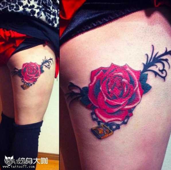 腿部玫瑰纹身图案