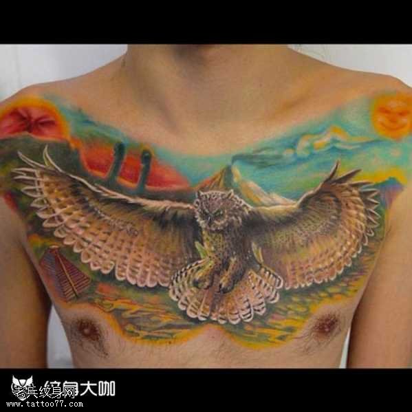 胸部个性猫头鹰纹身图案