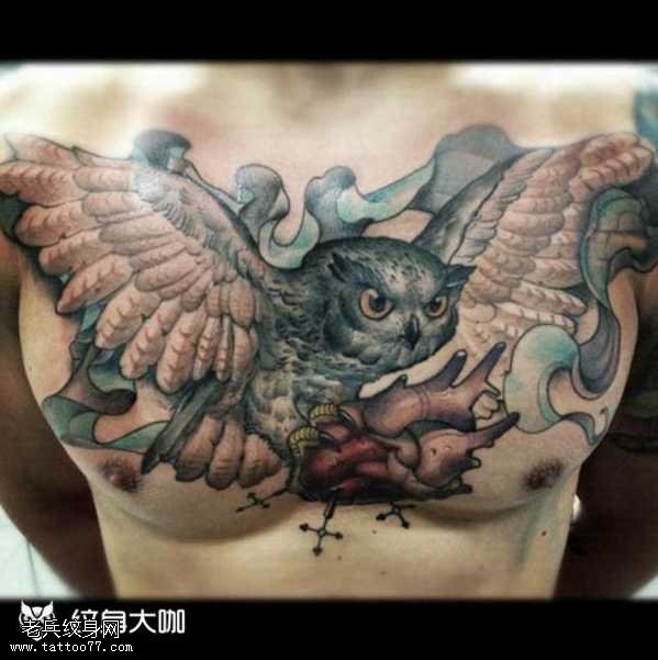胸部猫头鹰心脏纹身图案