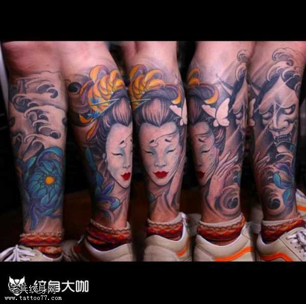 腿部艺妓纹身图案