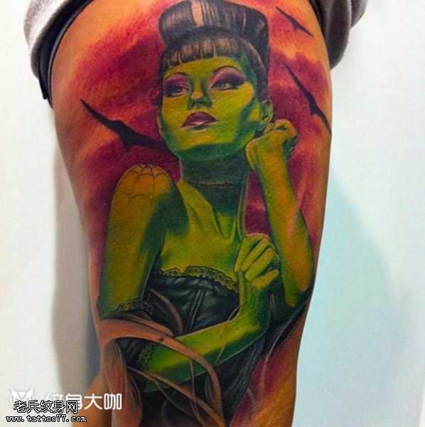 腿部绿女人纹身图案