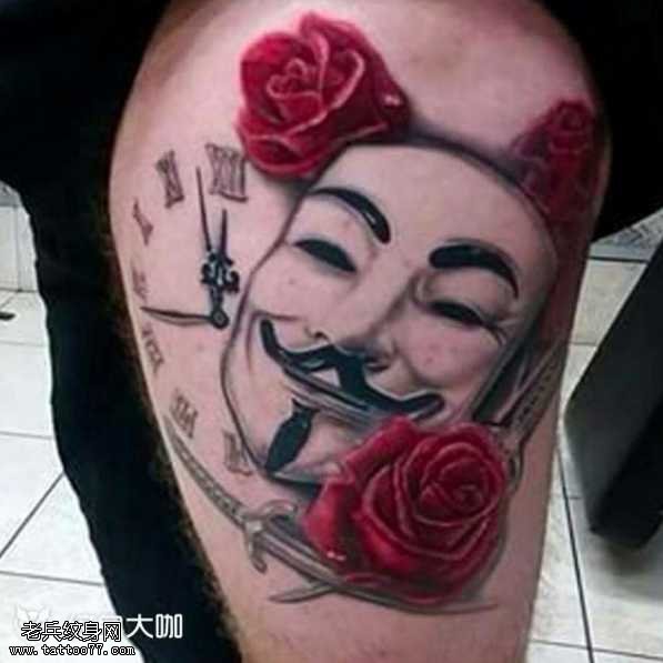 腿部小丑面具纹身图案