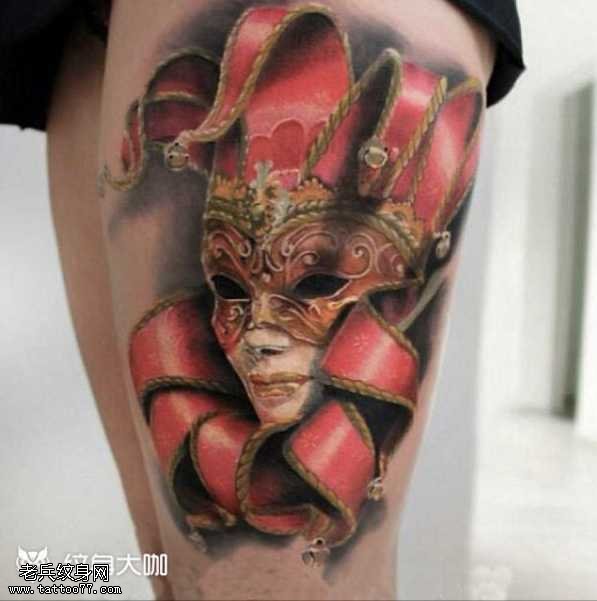 腿部艺术面具纹身图案