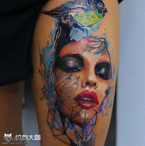 腿部个性肖像纹身图案