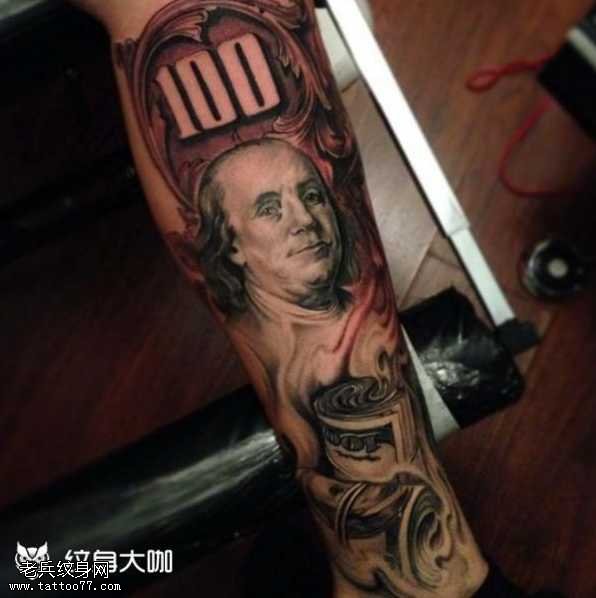 腿部男肖像纹身图案