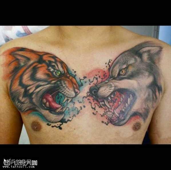 胸部虎狼纹身图案