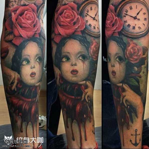 腿部鬼怪玫瑰纹身图案