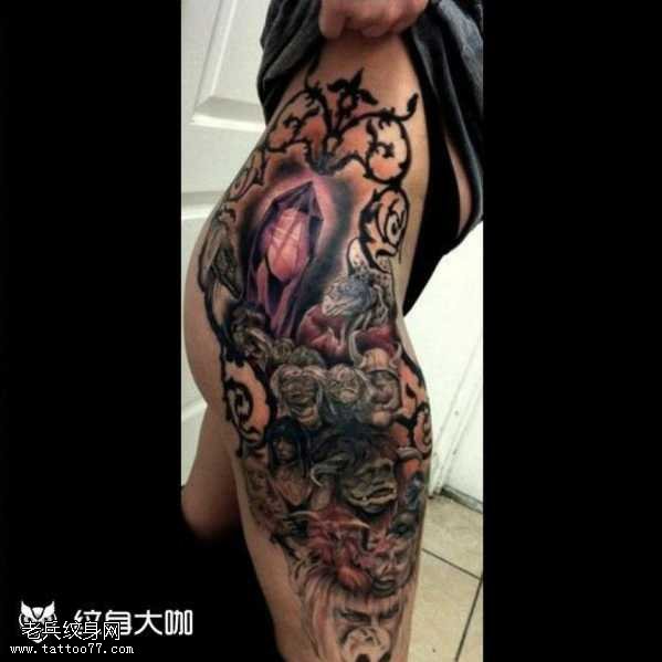 腿部花钻心纹身图案