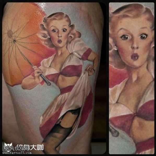 腿部人物纹身图案