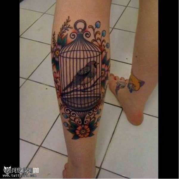 腿部个性鸟笼纹身图案