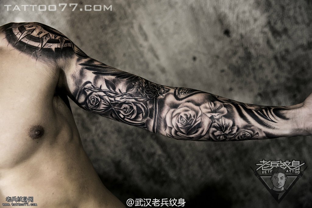 武汉纹身师兵哥打造的欧美花臂天使纹身图案作品