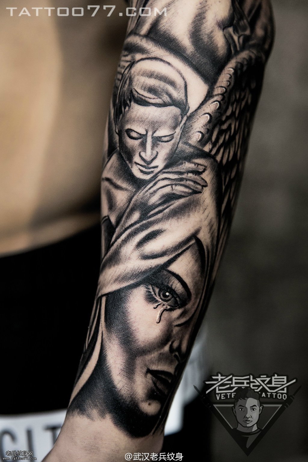 武汉纹身师兵哥打造的欧美花臂天使纹身图案作品