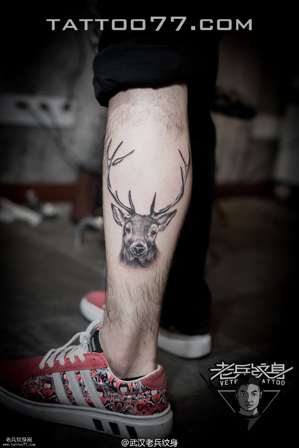 武汉专业纹身店：小腿鹿纹身图案作品