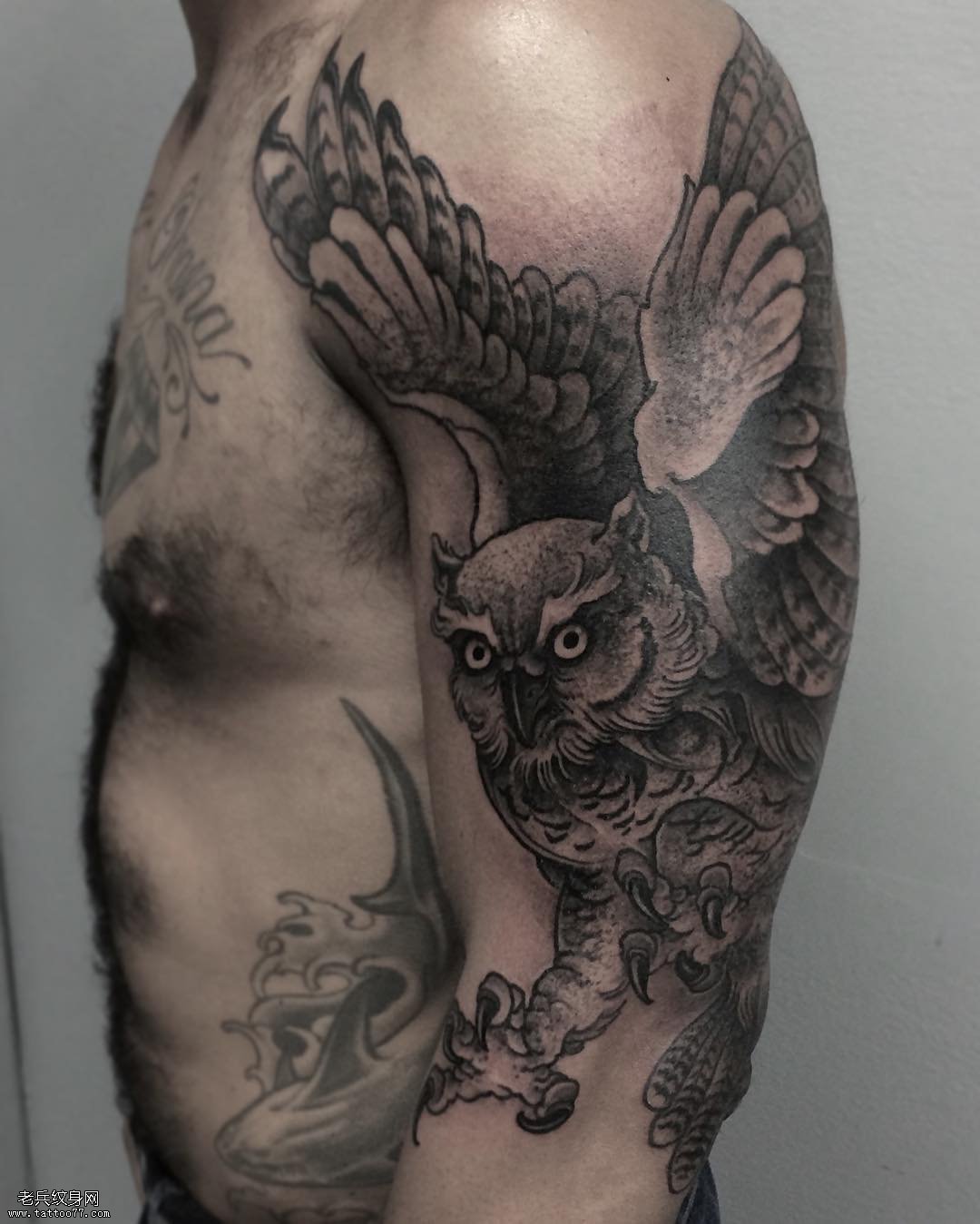 大臂猫头鹰纹身图案