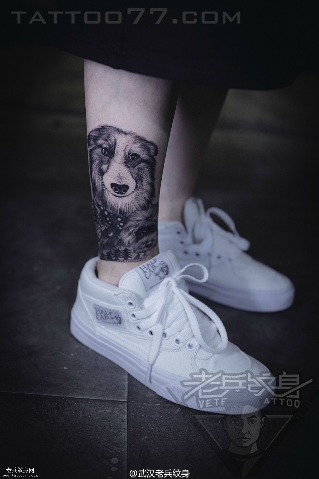 小腿狗狗纹身图案作品遮盖旧纹身