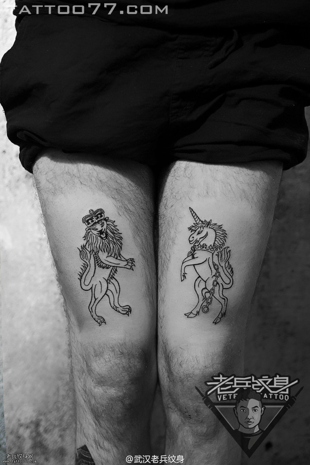 大腿狮子独角兽纹身图案作品