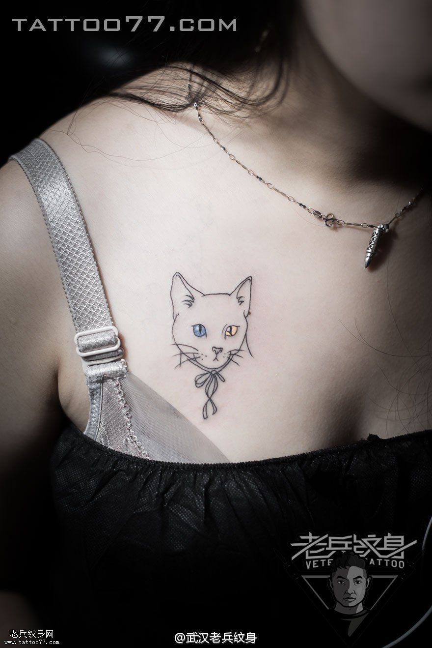 妹子胸部猫咪纹身图案作品