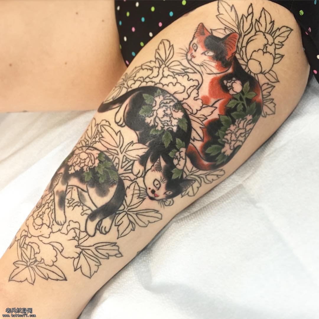 半包大腿日式传统纹身猫图案纹身