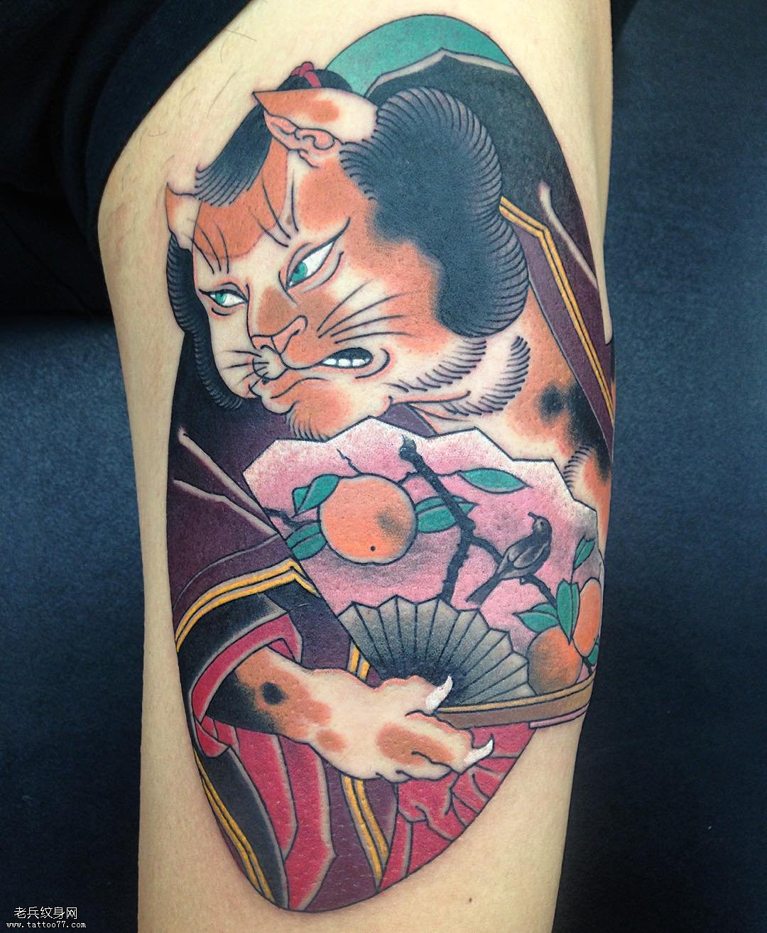 大腿日式老传统纹身猫