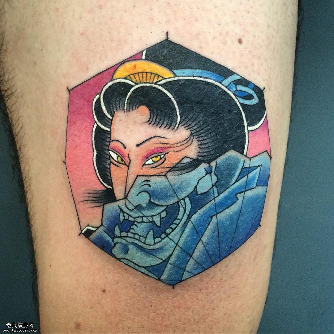 小腿日式tattoo女郎扇子纹身图案