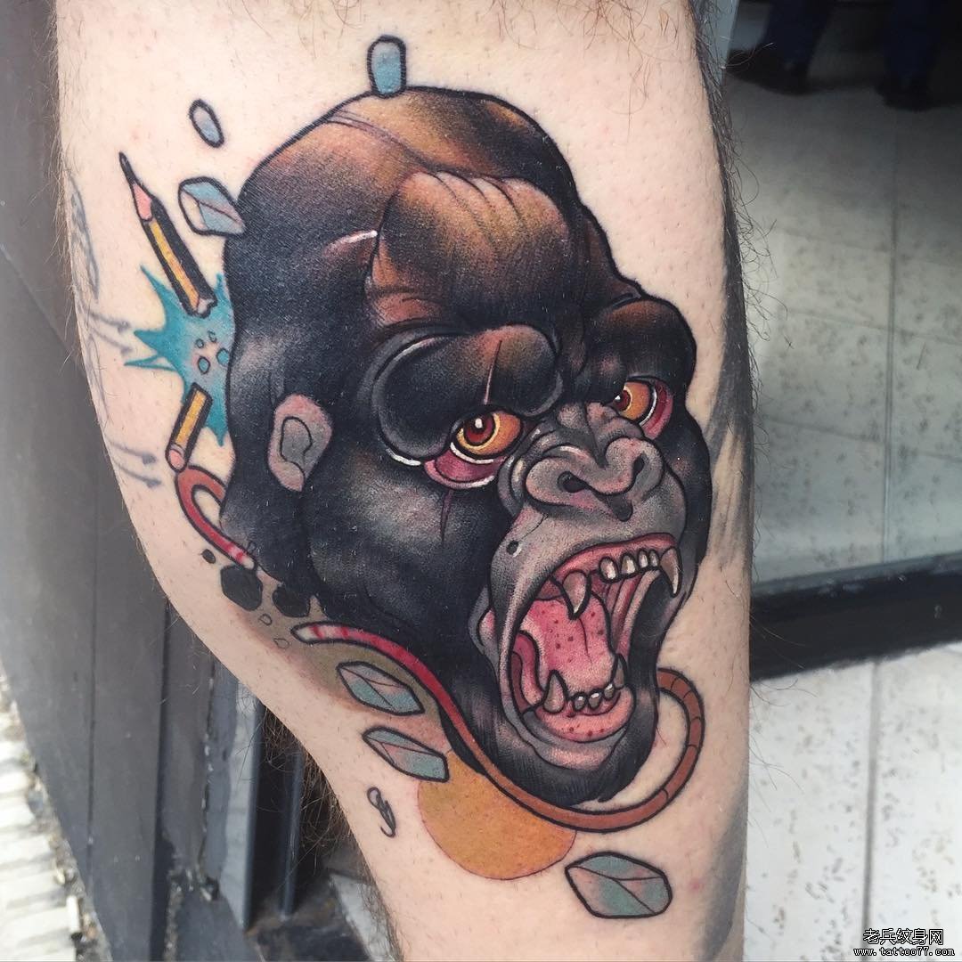 大腿欧美tattoo猩猩图案