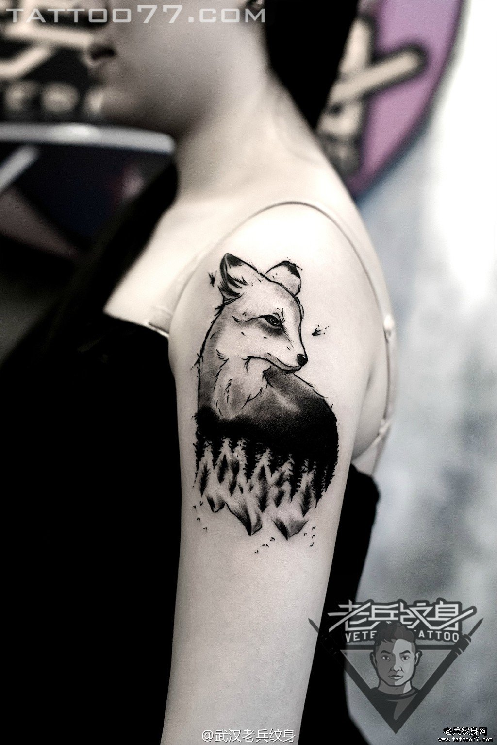 妹子手臂狐狸纹身图案作品由武汉女纹身师打造