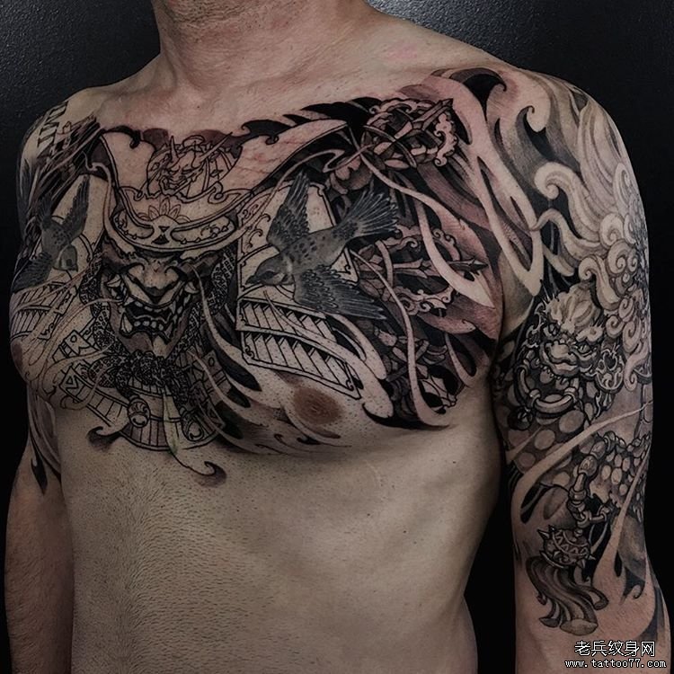 胸口花胸日式武士tattoo图案