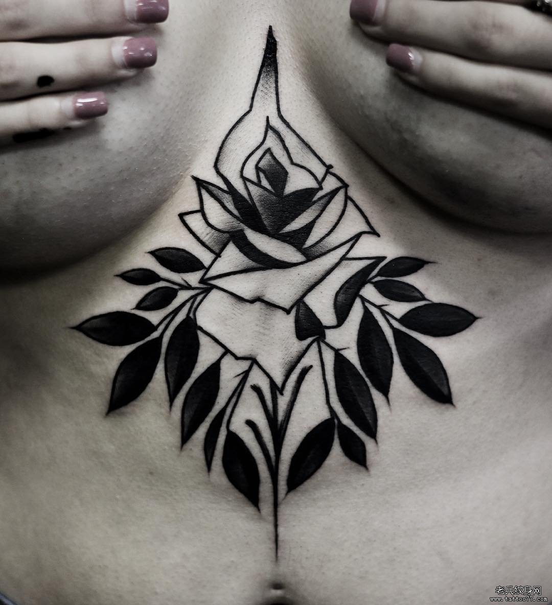 胸口school 玫瑰树叶tattoo图案