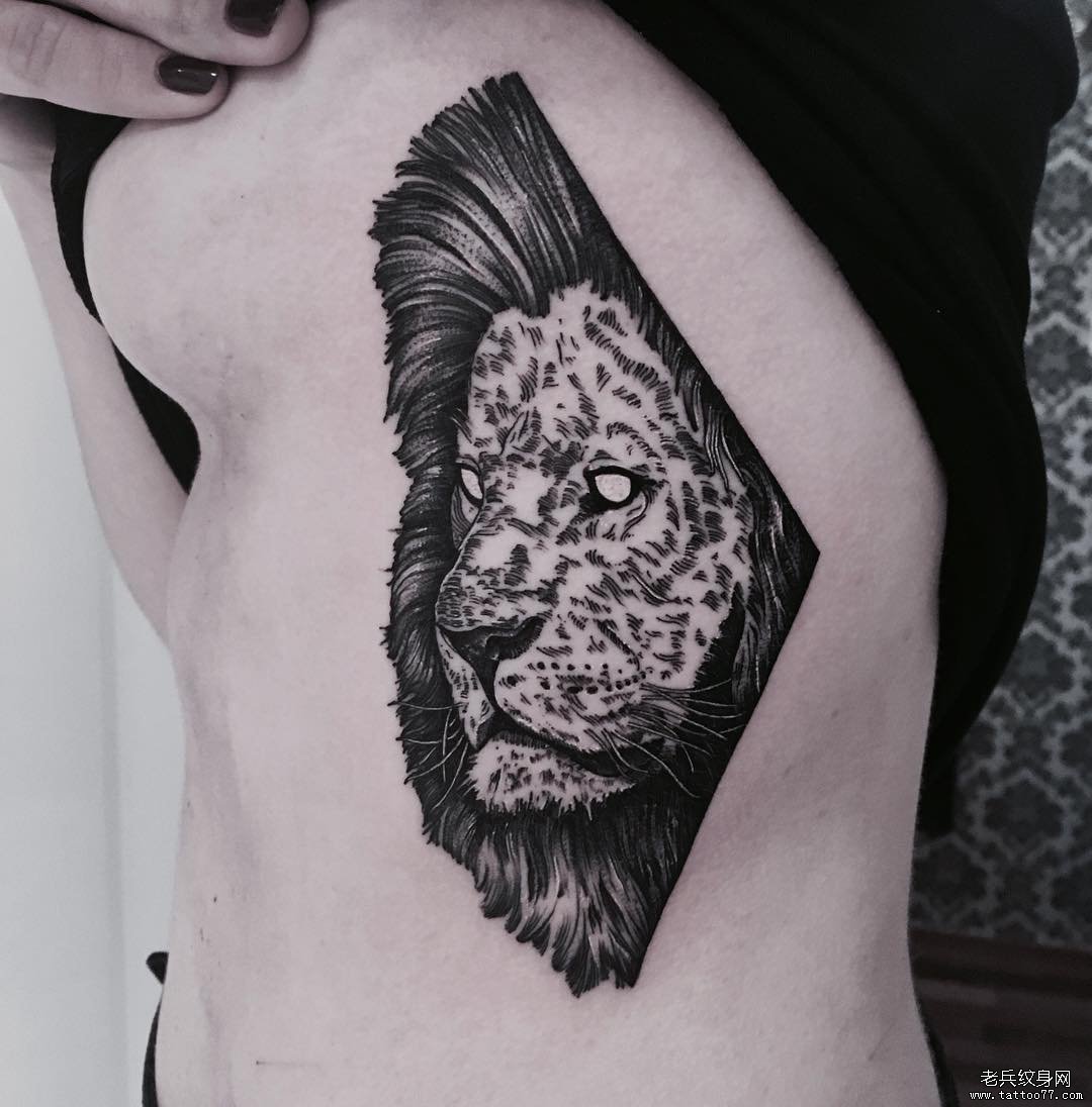 侧腰钢笔画狮子纹身tattoo图案