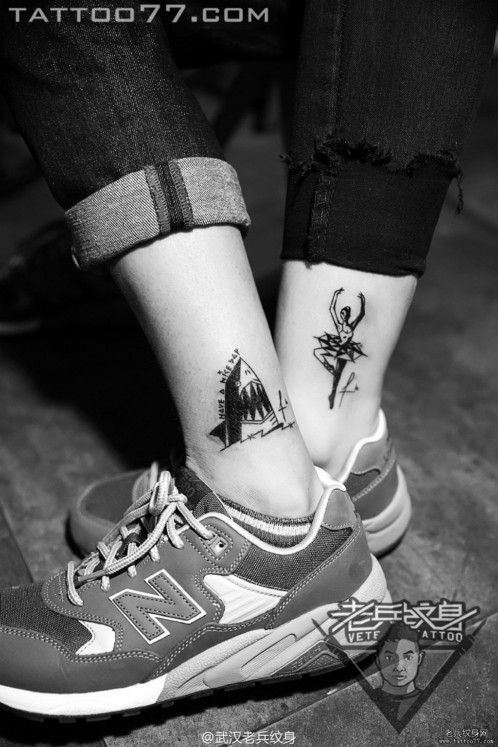 脚踝鲨鱼芭蕾女纹身图案作品