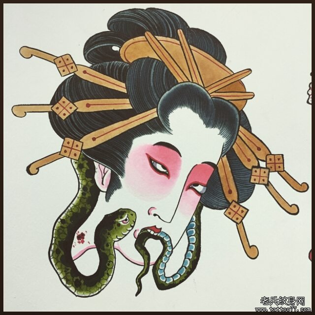 日式传统艺妓蛇纹身图案手稿