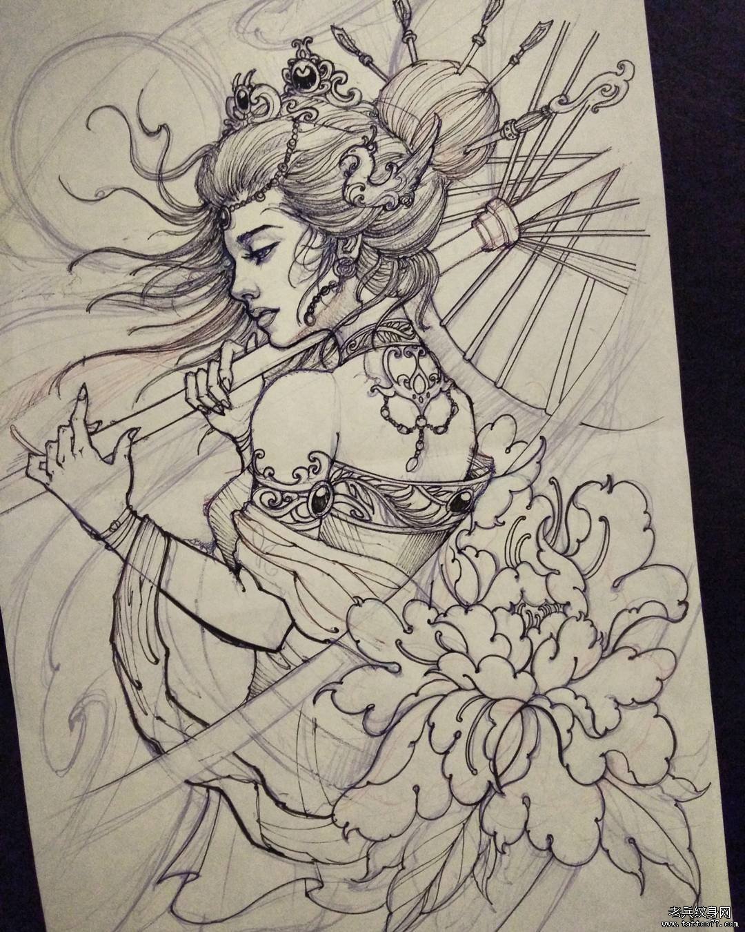 传统艺妓牡丹纹身图案手稿