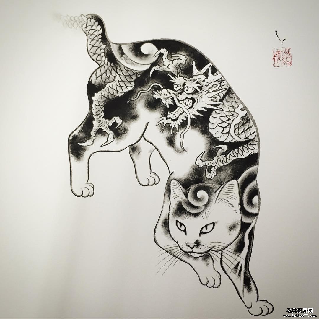 传统纹身猫纹身图案手稿