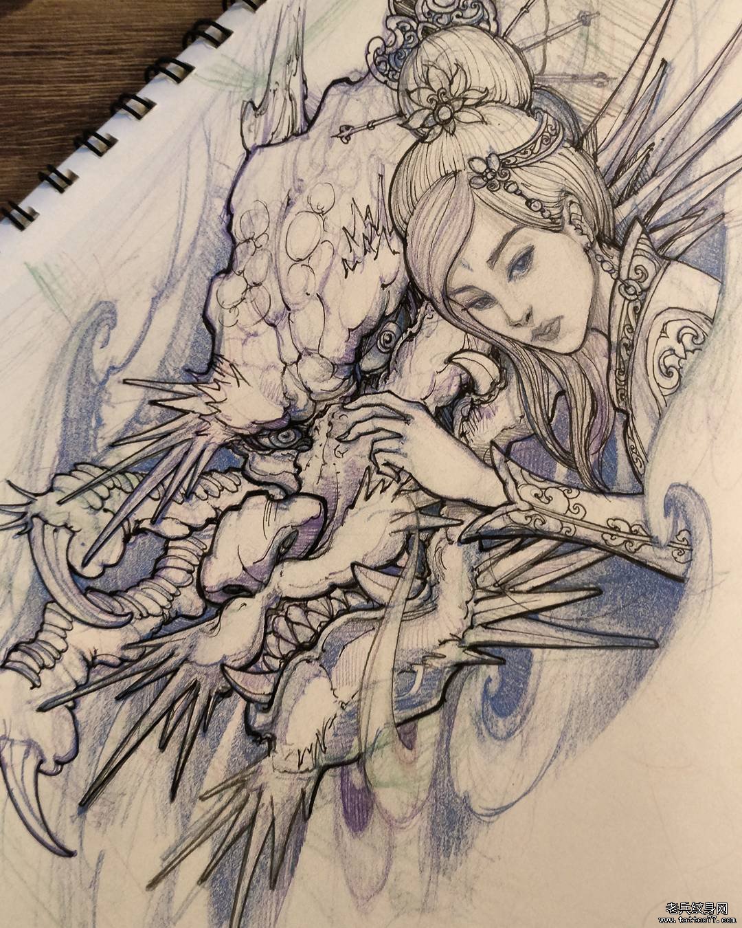 传统龙艺妓纹身图案手稿