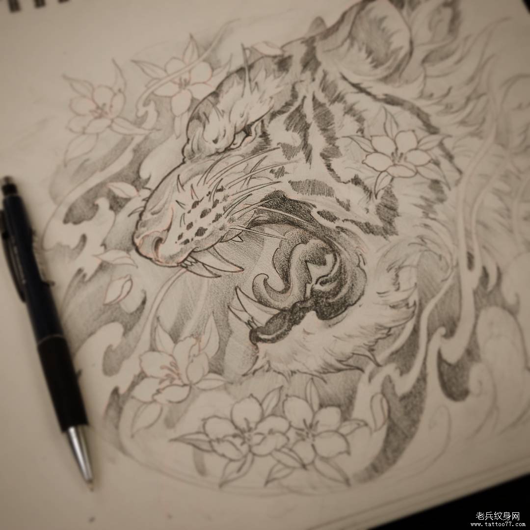 传统老虎纹身图案手稿