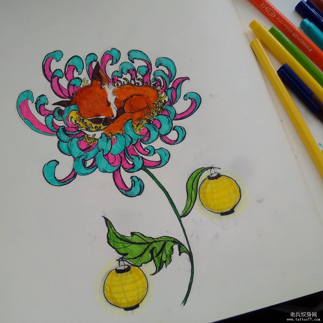 菊花狐狸纹身tattoo图案手稿