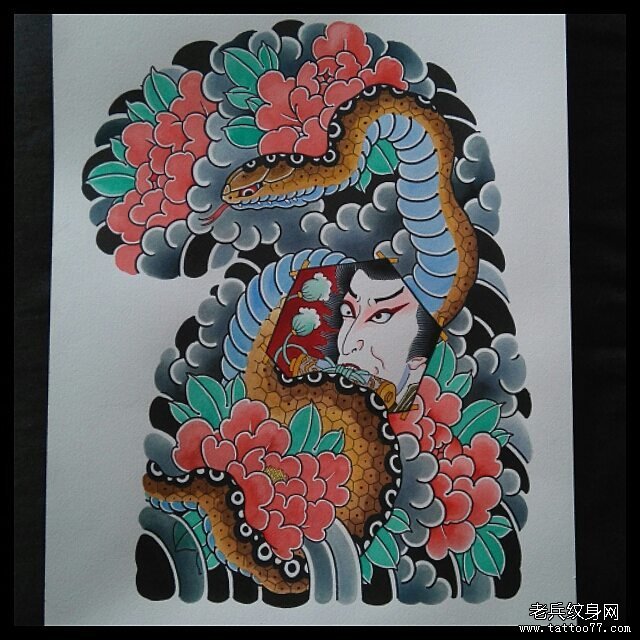 日式蛇牡丹传统纹身图案手稿