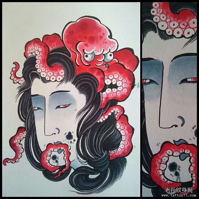 日式女郎章鱼纹身图案手稿