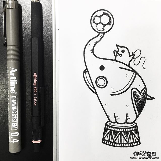 小清新卡通大象点刺纹身tattoo图案