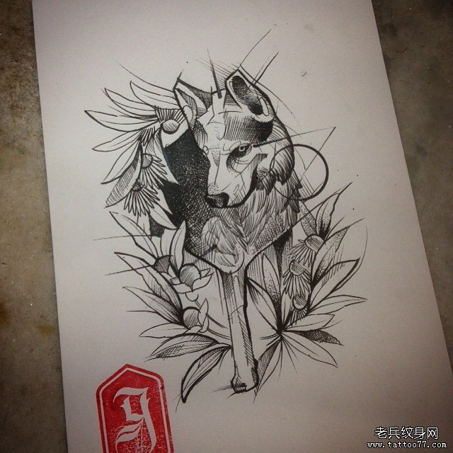 school线条狼纹身图案手稿