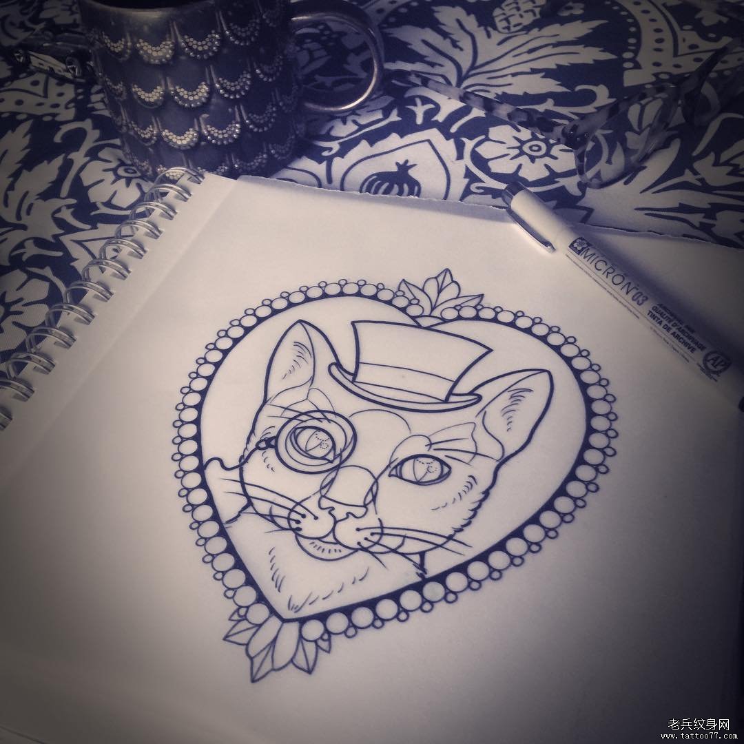 欧美猫纹身图案手稿