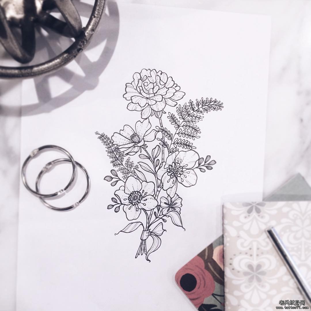 小清新线条花卉纹身tattoo图案