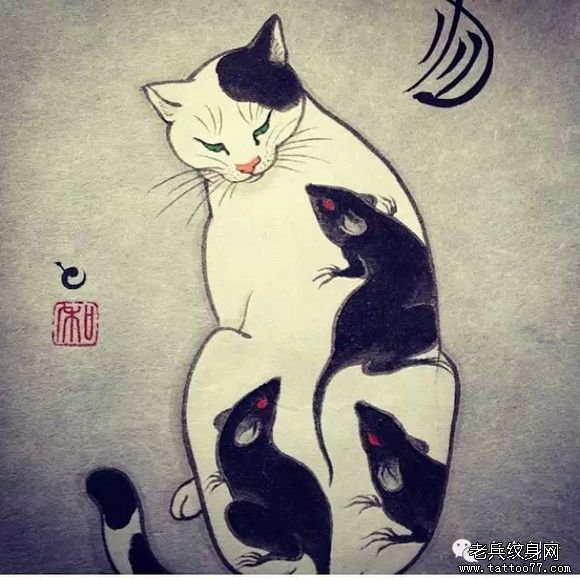 日式传统纹身猫 老鼠纹身图案手稿