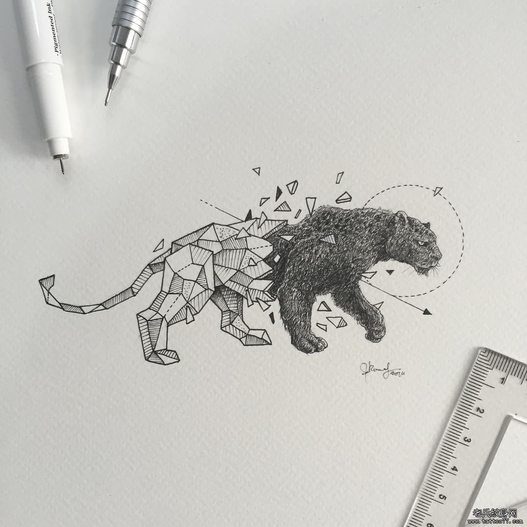 几何线条豹子纹身图案手稿