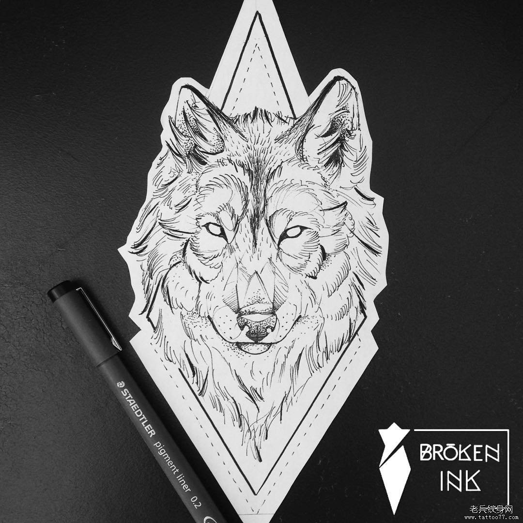 几何线条狼点刺纹身图案手稿